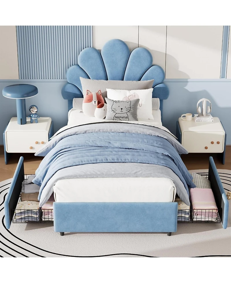gaomon Twin Kids Bed Frame with 2 Storage Drawers, Velvet Upholstered Princess Headboard, Solid Wood Support
