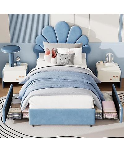 gaomon Twin Kids Bed Frame with 2 Storage Drawers, Velvet Upholstered Princess Headboard, Solid Wood Support
