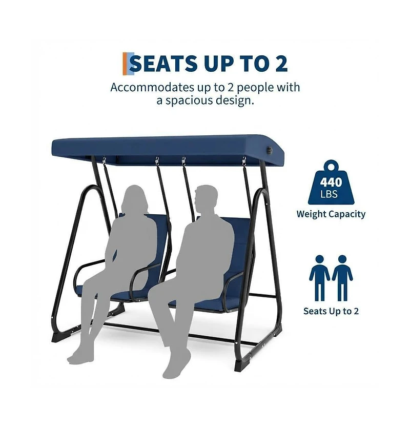 GarveeLife 3-Seat Outdoor Patio Swing Chair with Adjustable Canopy and Reclining Backrest Heavy Duty Metal Frame Thick Resistant For Backyard