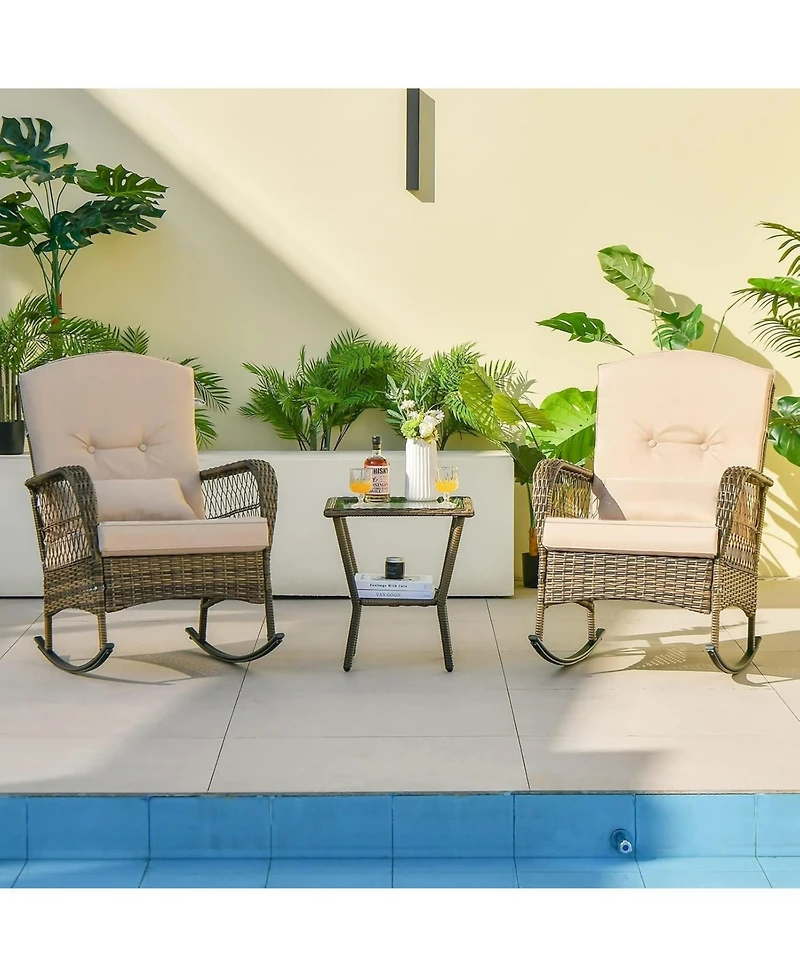 GarveeLife Outdoor Wicker Rocking Chairs, Pe Rattan Garden Rocking Chairs Wicker Garden Armchair with Thick Cushion Pillow Patio Rocker Chair