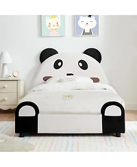 Rainsken Twin Size Upholstered Platform Bed, Solid Wood Kids Bed Frame with Cute Panda-Shaped Headboard, Safety Soft Padded Edges for Children