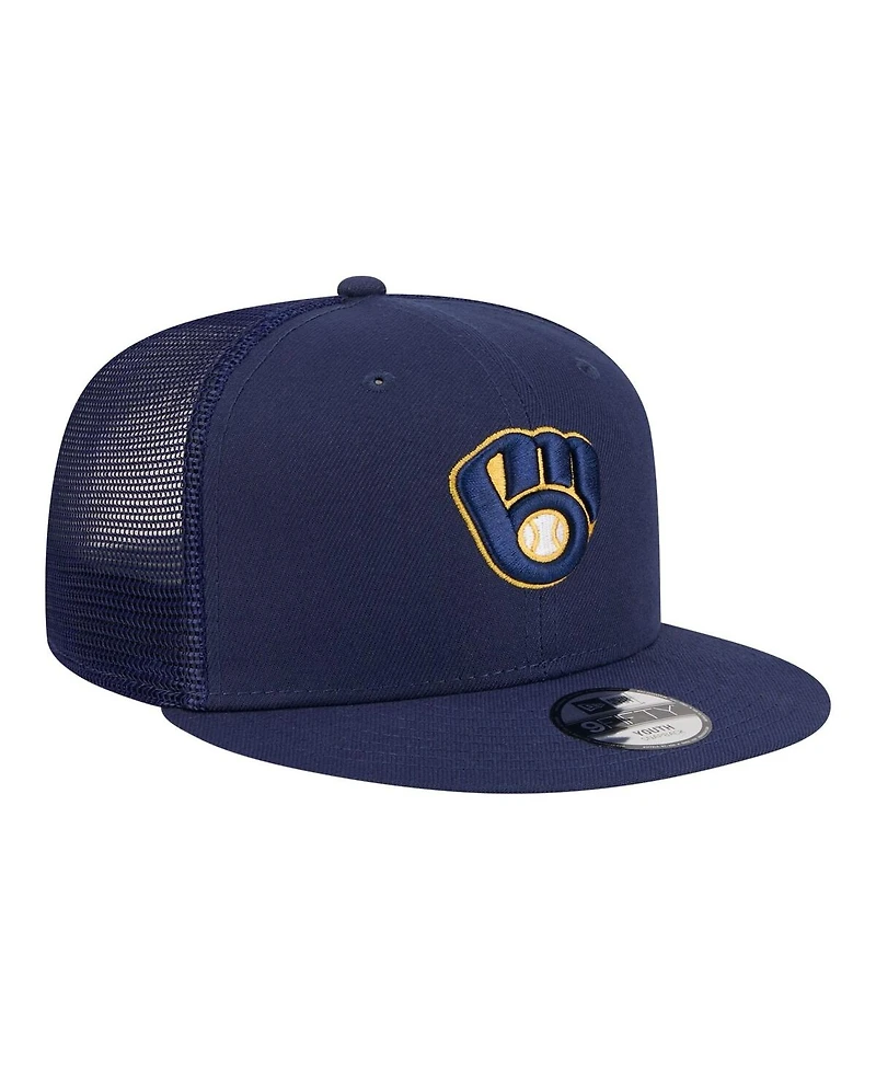New Era Big Boys and Girls Navy Milwaukee Brewers 9FIFTY Trucker Snapback Hat