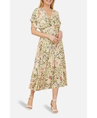 Yumi Women's Short Sleeve V-Neck Ruched Midi Dress