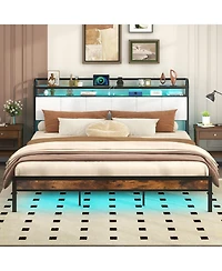 Gymax King Size Bed Frame w/Led Light and Charging Station Heavy Duty Metal Platform Bed