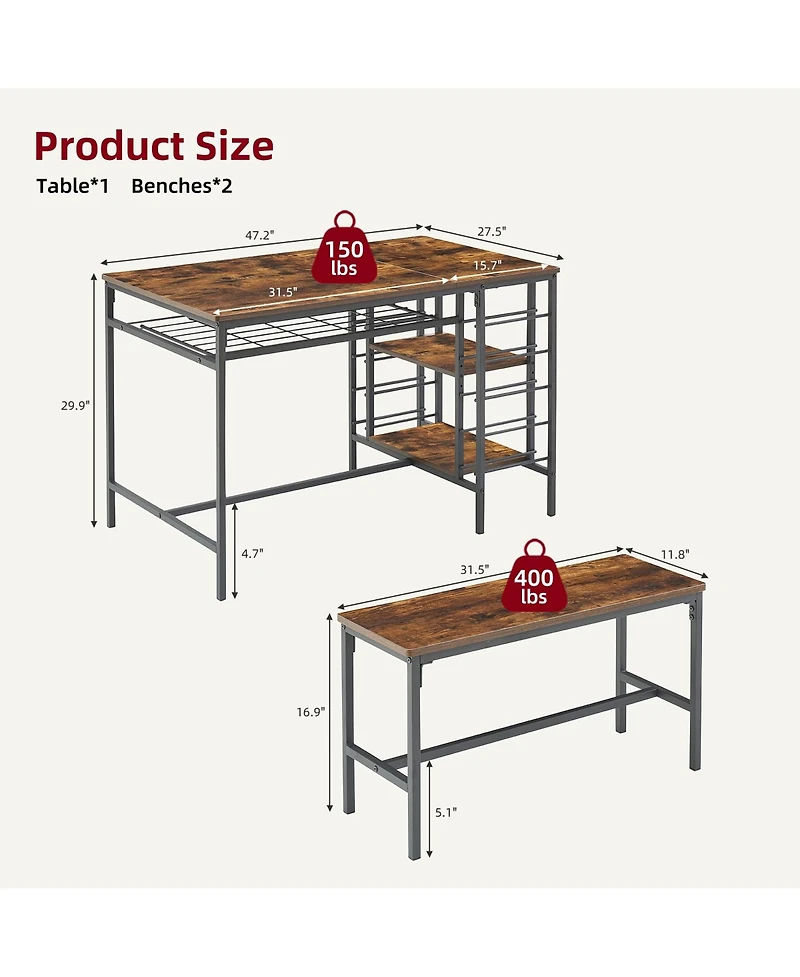 gaomon Dining Table Set for 4, Kitchen Table Set for 4 with 2 Benches, Rectangular Dining Room Table Set with Wine Rack