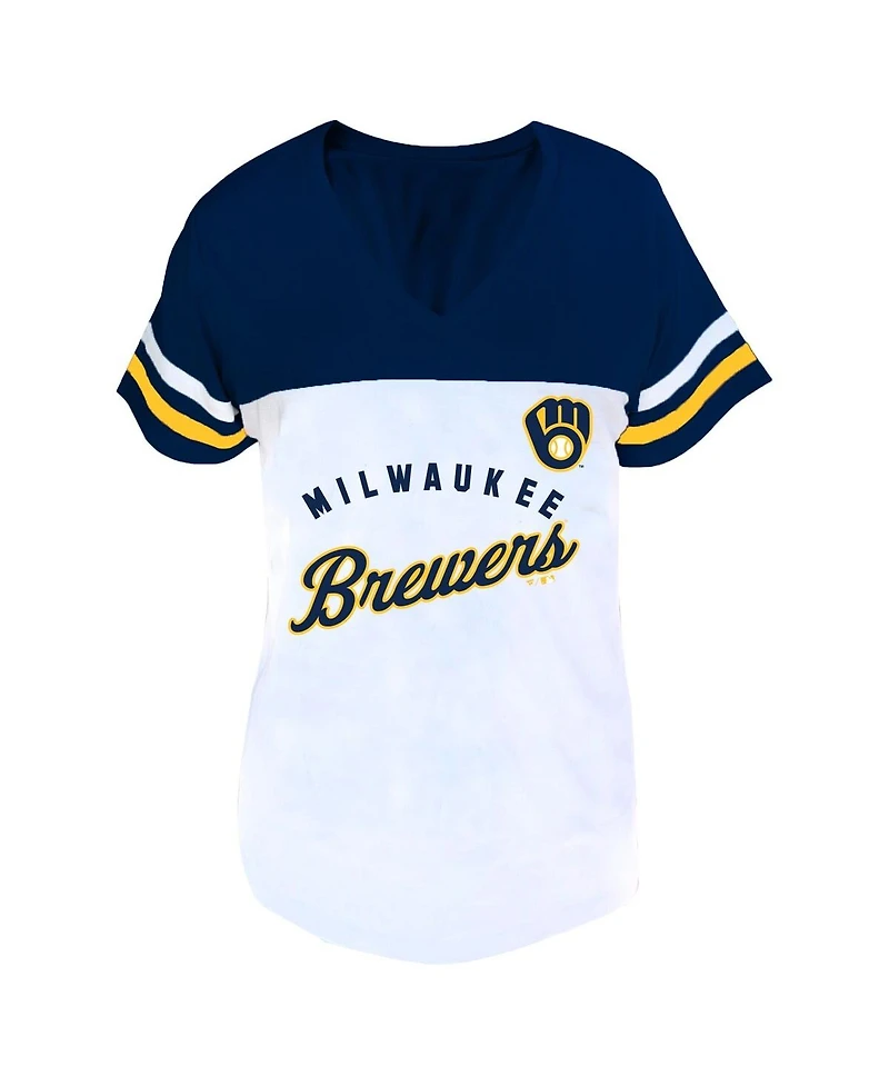 Fanatics Women's Profile White/Navy Milwaukee Brewers Plus Two-Stripe V-Neck T-Shirt