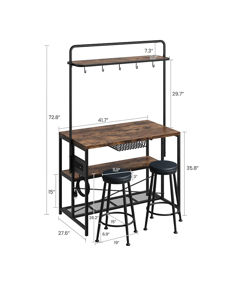 homfan 42 Inch Industrial Bar Table with Storage Power Outlet 2 Stools 3 Baker Rack 5 Hooks Microwave Stand Annual Rings Finish
