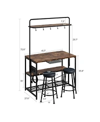 homfan 42 Inch Industrial Bar Table with Storage Power Outlet 2 Stools 3 Baker Rack 5 Hooks Microwave Stand Annual Rings Finish