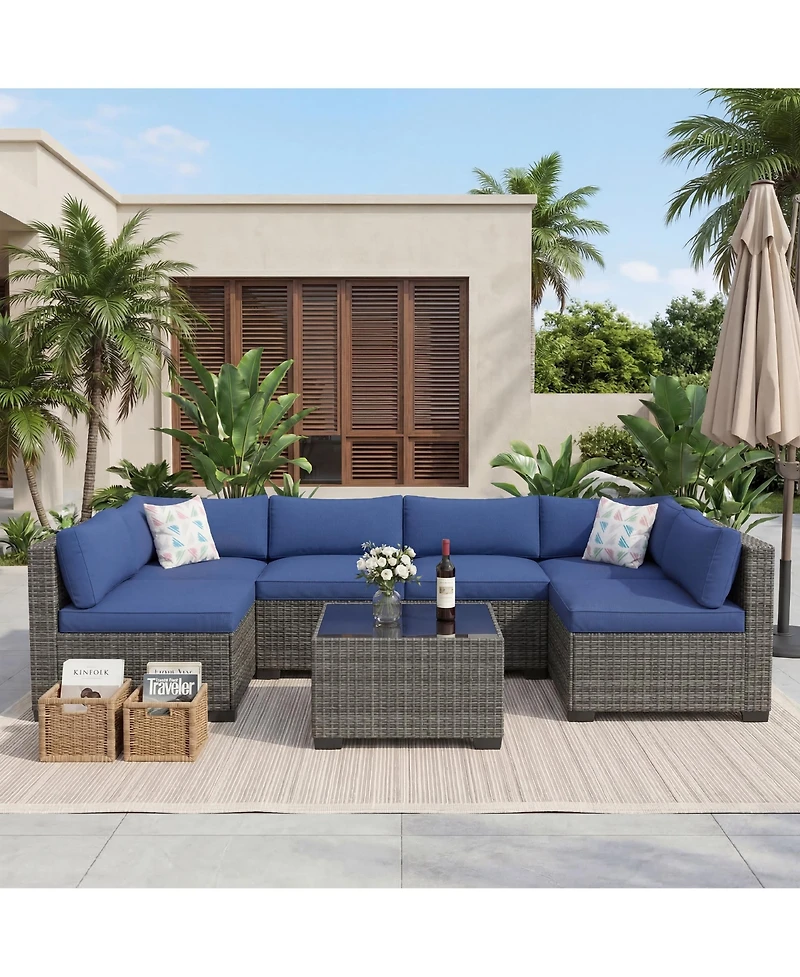 homfan 7-Piece Outdoor Sectional Set with Pe Rattan Wicker, Thick Cushions and Tempered Glass Coffee Table, Modular Patio Seating