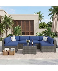homfan 7-Piece Outdoor Sectional Set with Pe Rattan Wicker, Thick Cushions and Tempered Glass Coffee Table, Modular Patio Seating