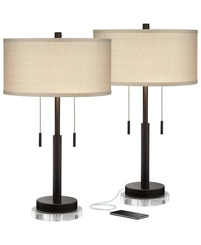 Franklin Iron Works Bernie Industrial Table Lamps Set of 2 with Round Risers 26 inches Tall Bronze Usb Charging Port Tan Drum Shade