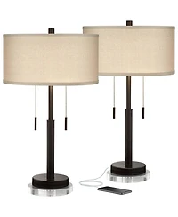 Franklin Iron Works Bernie Industrial Table Lamps Set of 2 with Round Risers 26 inches Tall Bronze Usb Charging Port Tan Drum Shade