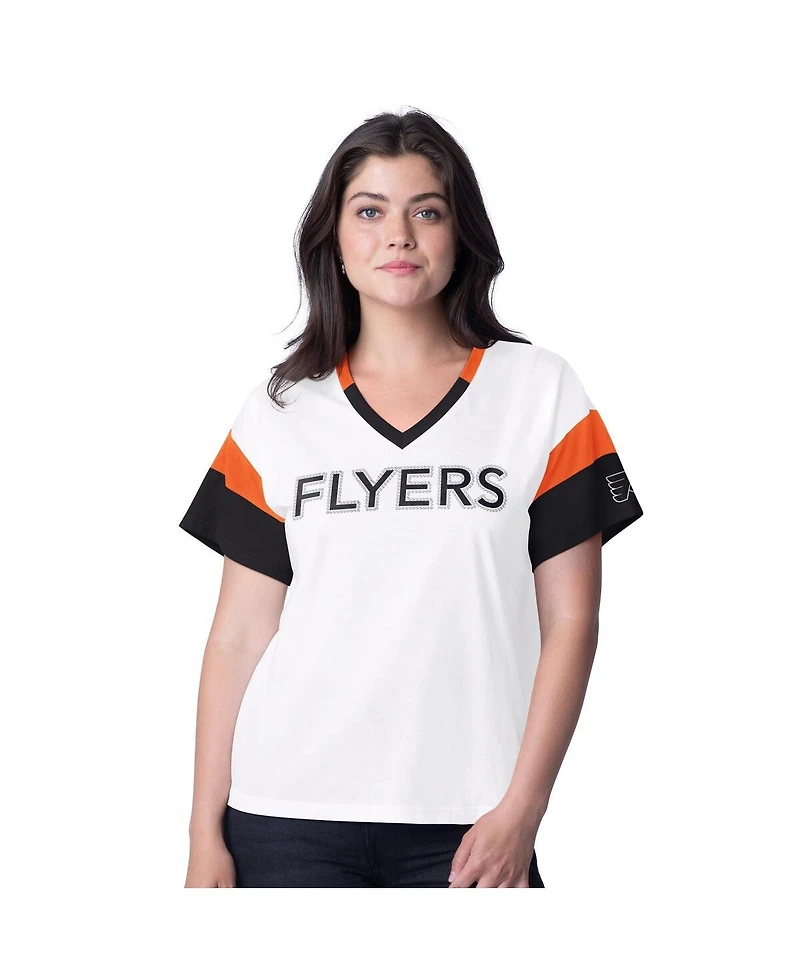 G-iii 4Her by Carl Banks Women's White Philadelphia Flyers Rink Oversized Rhinestone V-Neck T-Shirt