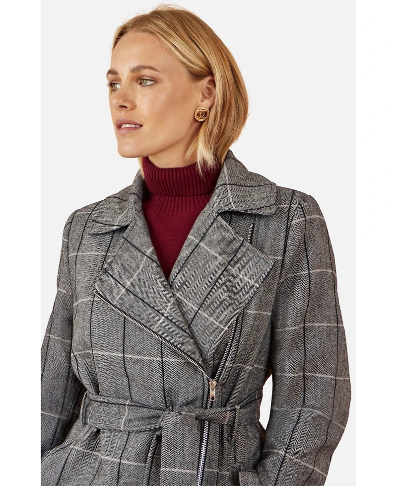Yumi Women's Check Oversize Long Biker Coat