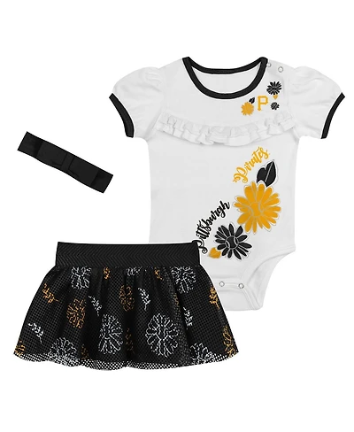 Outerstuff Baby Boys and Girls 3-Piece White/Black Pittsburgh Pirates Sweet Catcher Bodysuit, Headband Skirt Set