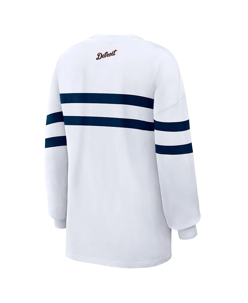 Wear by Erin Andrews Women's White Detroit Tigers Oversized Long Sleeve Striped T-Shirt