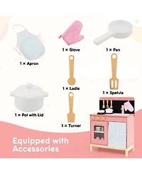 Slickblue Kids Wooden Pink Kitchen Playset with Door Curtain Pretend Play