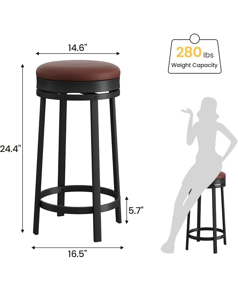 homfan Set of 2 Modern Adjustable Bar Stools, Round Faux Leather Seat, 360degree (s) Swivel, Metal Frame Footrest, 127kg Capacity for Kitchen Dining