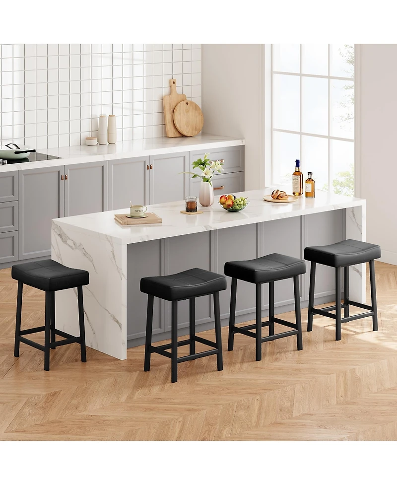 homfan Counter Height Bar Stools Set of 4, 24 Inch Saddle Barstool with Curved Surface, Leather Kitchen Island Chair for Dining Room Home Bar