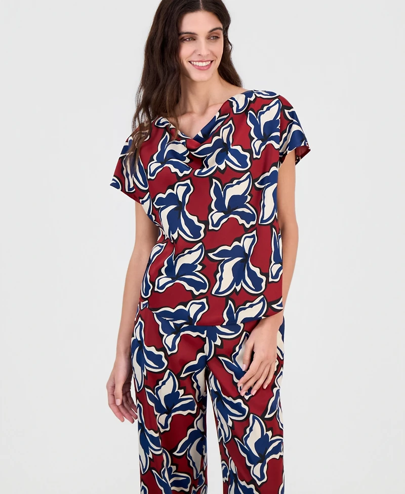 Anne Klein Women's Printed Cowl-Neck Short-Sleeve Top