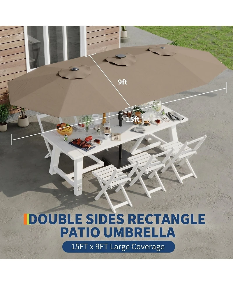 homfan 15FT Double-Sided Patio Umbrella with Solar Led Lights and Base, Uv Waterproof Canopy, 12 Ribs, Double-Layer Fabric, Heavy Frame