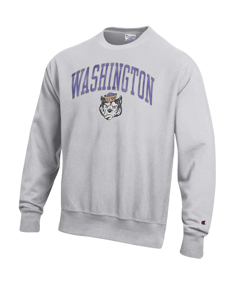 Champion Men's Gray Washington Huskies Distressed Arch Over Logo Reverse Weave Crew Neck Sweatshirt