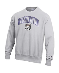Champion Men's Gray Washington Huskies Distressed Arch Over Logo Reverse Weave Crew Neck Sweatshirt