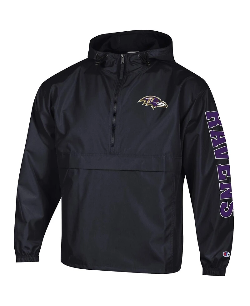 Champion Men's Black Baltimore Ravens Packable Hooded Windbreaker Half-Zip Jacket