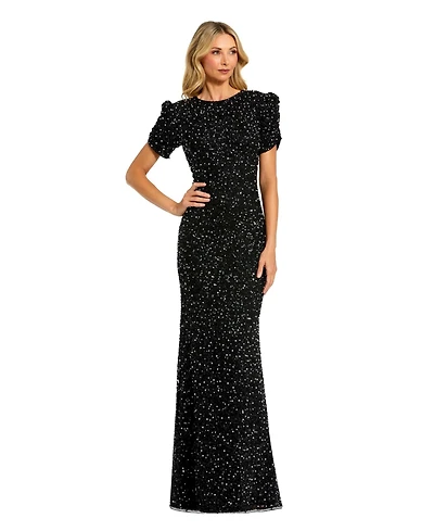 Mac Duggal Women's Gathered Short Sleeve Beaded Gown