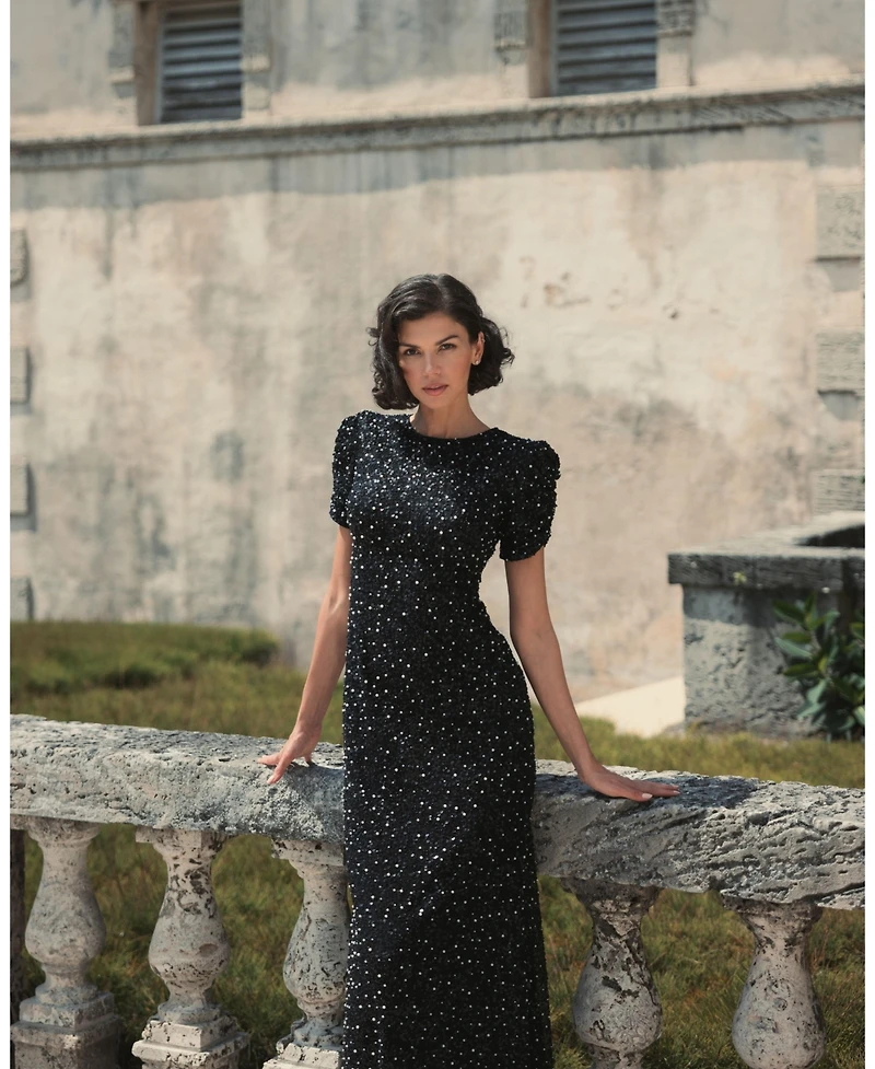 Mac Duggal Women's Gathered Short Sleeve Beaded Gown
