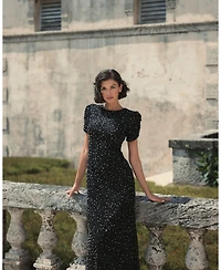 Mac Duggal Women's Gathered Short Sleeve Beaded Gown