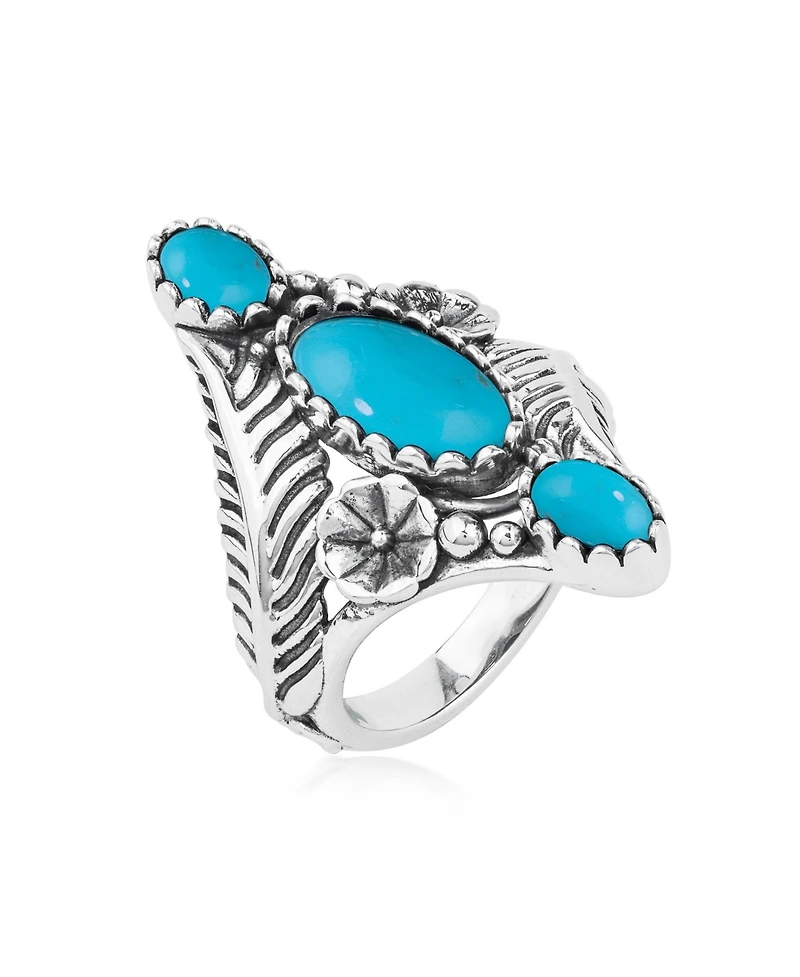 American West Jewelry Sterling Silver Kingman Turquoise Oval Leaf and Vine Ring