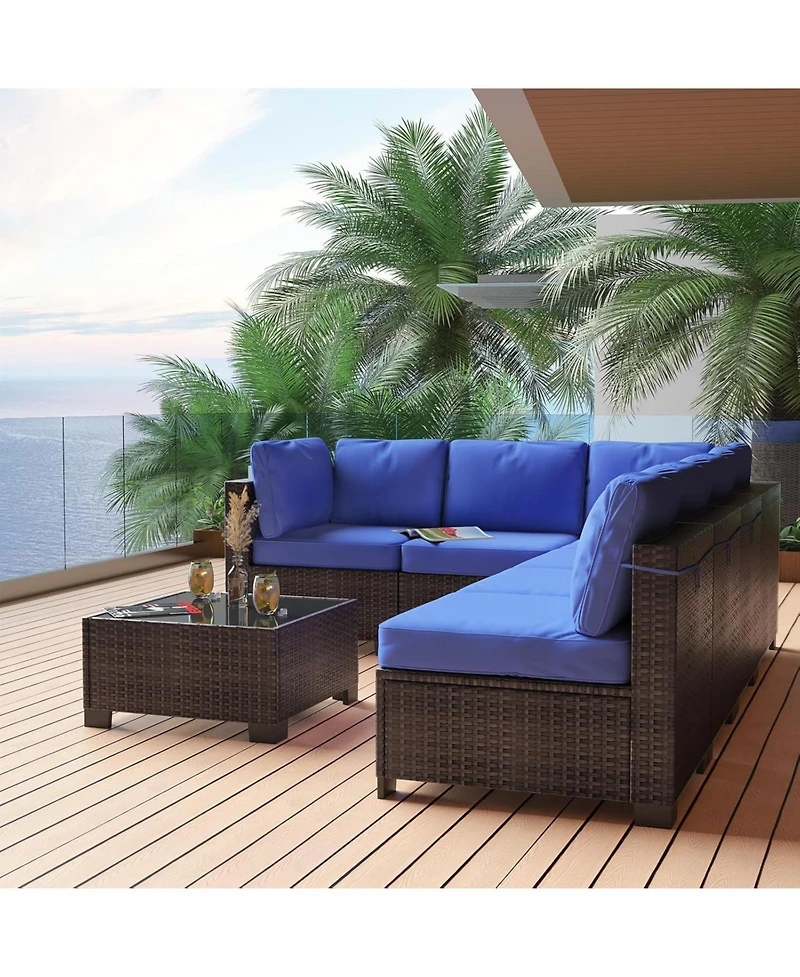 Gaomon 7-Piece Outdoor Rattan Patio Furniture Set with Detachable Cushions and Glass Top Table