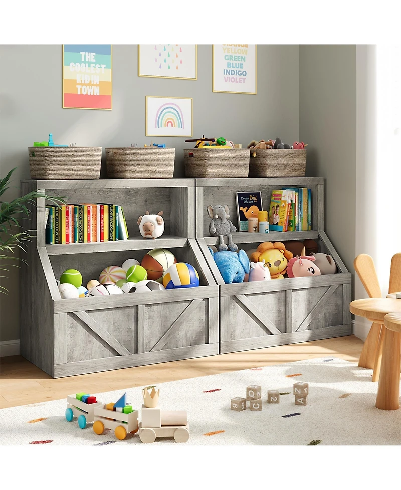 homfan Kids Bookshelf and Toy Storage, 2 Tier Organizer with Storage Cabinet, Toddler Shelf Bookcase for Playroom, Living Room, Classroom