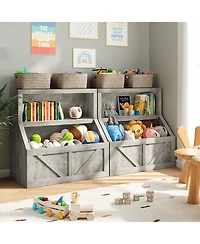 homfan Kids Bookshelf and Toy Storage, 2 Tier Organizer with Storage Cabinet, Toddler Shelf Bookcase for Playroom, Living Room, Classroom