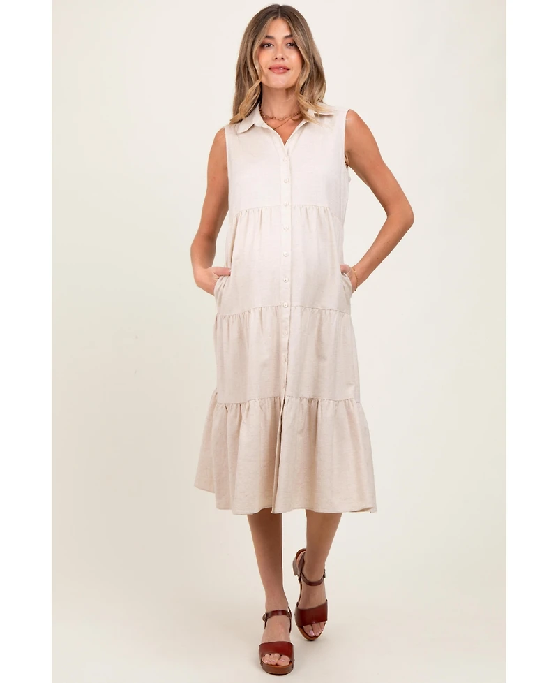 Pinkblush Maternity Cream Tiered Sleeveless Midi Shirt Dress