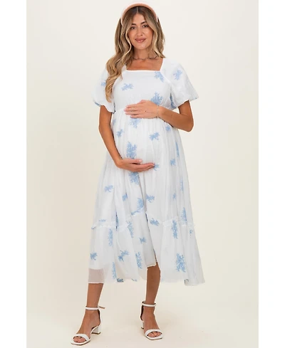 Pinkblush Maternity Blue Floral Print Ruffle Hem Midi Dress