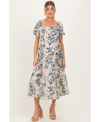 Pinkblush Maternity Navy Blue Floral Square Neck Puff Sleeve Midi Dress