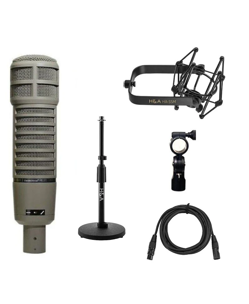Electro-Voice RE20 Variable-d Dynamic Cardioid Microphone, + Telescoping Tabletop Microphone Stand + HandA Microphone Suspension Shockmount + 25' Xlr