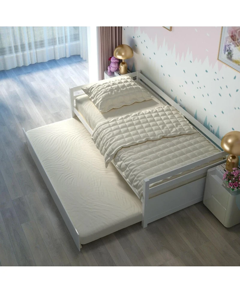 Sugift Twin Size Wooden Slat Trundle Platform