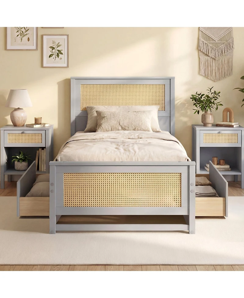 Sugift Twin Size Rattan Bed Frame with Storage Drawers