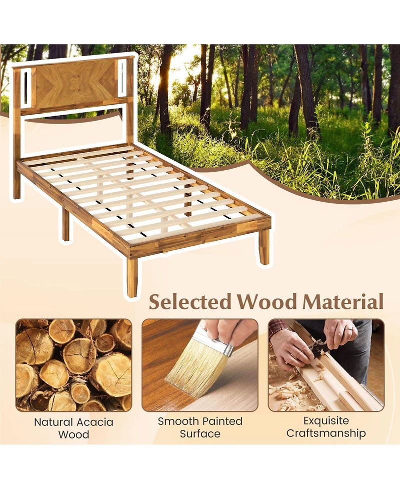 Sugift Twin Size Bed Frame Mid-Century Acacia Wood Platform Bed with Headboard