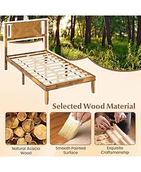 Sugift Twin Size Bed Frame Mid-Century Acacia Wood Platform Bed with Headboard