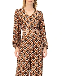 Ivonne Women's V-Neck Geometric Print Blouse with Bottom Tie
