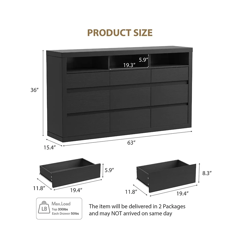 gaomon 9 Drawer Modern Wooden Dresser with 3 Open Shelves, Handleless Storage Chest for Bedroom Living Room
