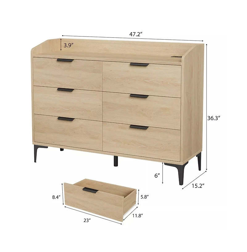 gaomon 6 Drawer Dresser with Power Outlets and Usb Ports Wide Modern Wooden Storage Chest for Bedroom