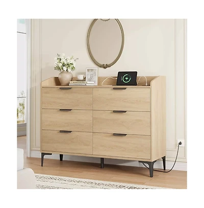 gaomon 6 Drawer Dresser with Power Outlets and Usb Ports Wide Modern Wooden Storage Chest for Bedroom