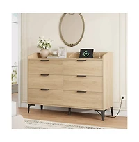 gaomon 6 Drawer Dresser with Power Outlets and Usb Ports Wide Modern Wooden Storage Chest for Bedroom
