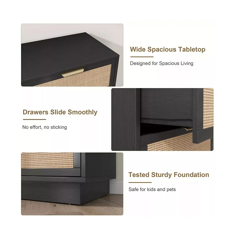 gaomon Rattan 6 Drawer Dresser with Metal Handles, 47" Wide Double Storage Chest for Bedroom Home Office