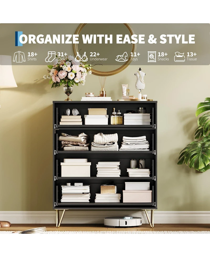 gaomon Fluted 4 Drawer Dresser for Bedroom Wide Wood Chest with Metal Handles Storage Cabinet
